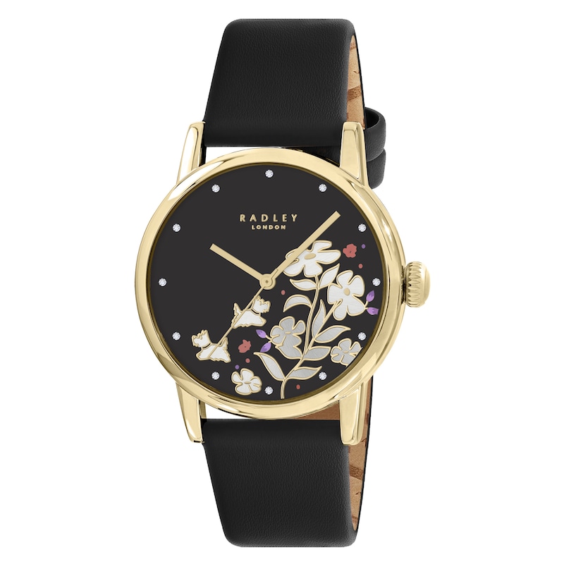 Main Image 2 of Radley Floral Heart Trinket 18ct Pale Gold Heart Earrings & Black Leather Strap Watch Tray Set