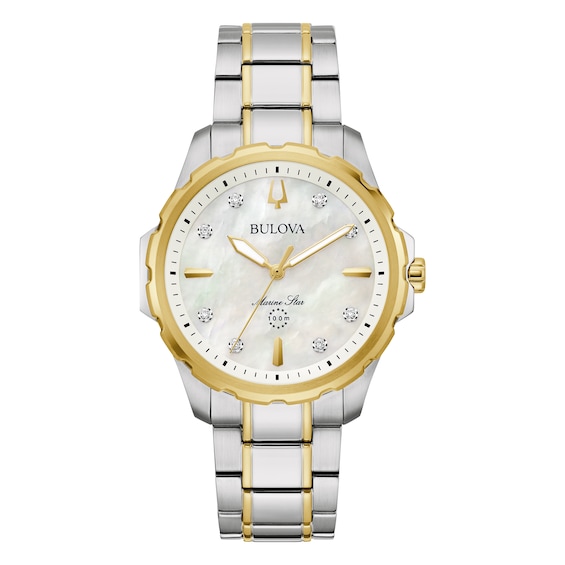 Bulova Marine Star Ladies Mother Of Pearl Dial Two Tone Brac