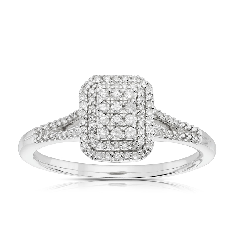Main Image 1 of 9ct White Gold 0.20ct Diamond Emerald Cut Halo Ring