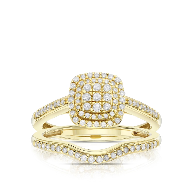 Main Image 1 of Perfect Fit 9ct Yellow Gold 0.33ct Diamond Cushion Cluster Bridal Set
