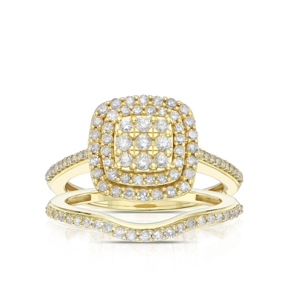 Engagement Ring Perfect Fit 9ct Yellow Gold Cushion Cluster Bridal Set 0.66ct Diamond Ring