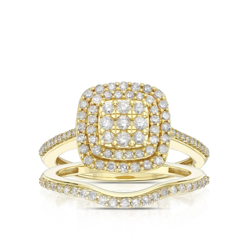 Main Image 1 of Perfect Fit 9ct Yellow Gold 0.66ct Diamond Cushion Cluster Bridal Set