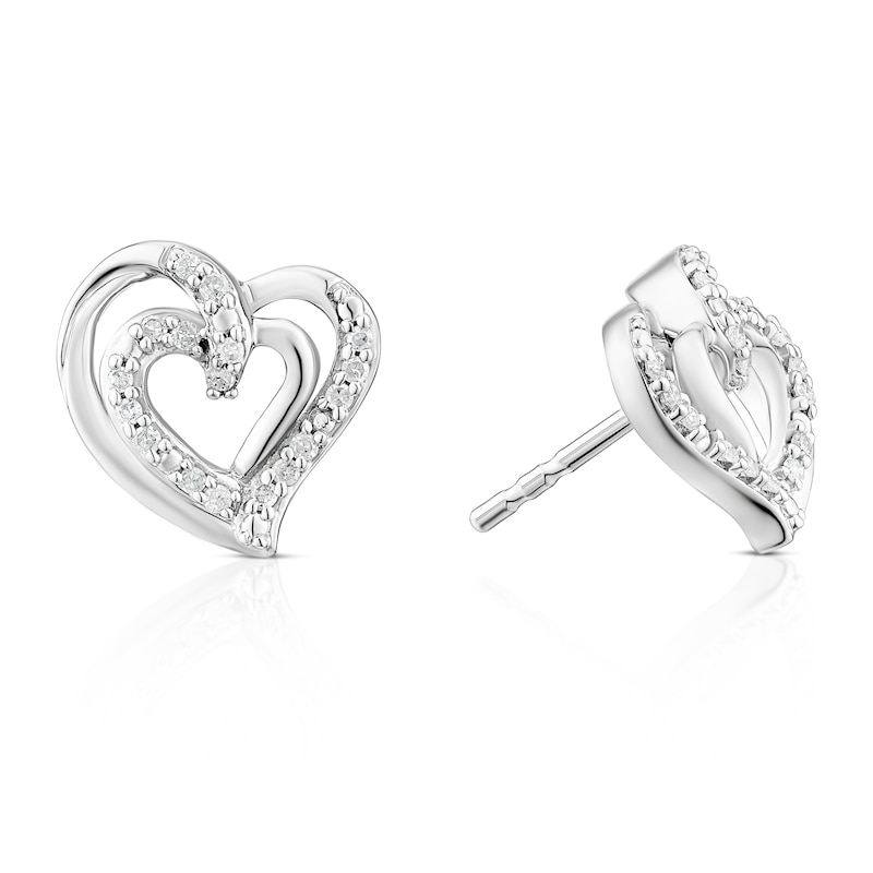 Main Image 1 of Sterling Silver 0.10ct Diamond Heart Stud Earrings
