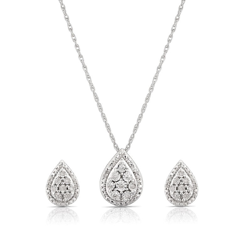 Main Image 1 of Sterling Silver 0.15ct Diamond Pear Cluster Earring & Pendant Set