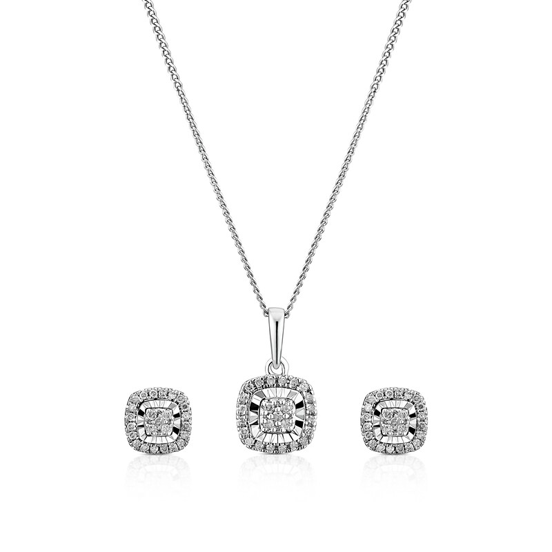 Main Image 1 of 9ct White Gold 0.20ct Diamond Cushion Illusion Set Necklace & Earrings Set