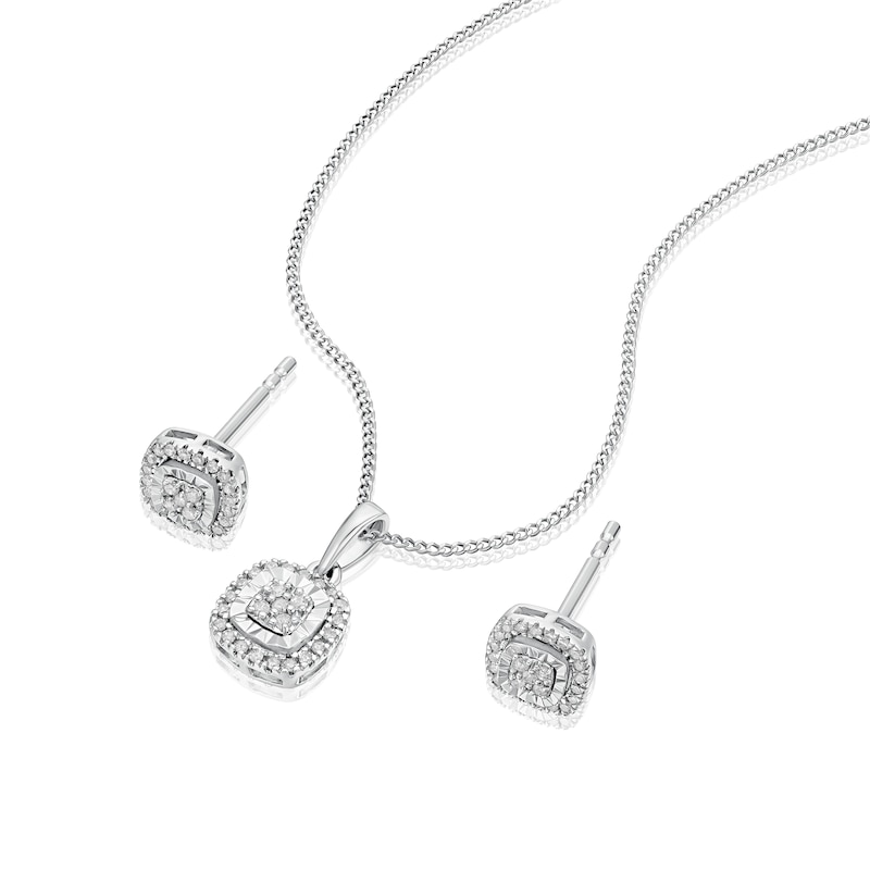 Main Image 2 of 9ct White Gold 0.20ct Diamond Cushion Illusion Set Necklace & Earrings Set