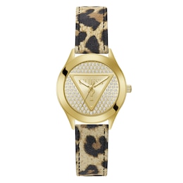 Guess Ladies' Stone Set Gold Dial Leopard Print Strap Watch