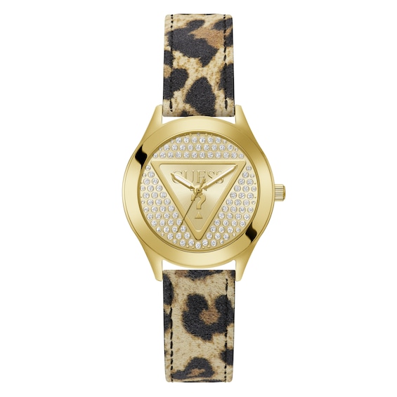 Guess Women's Stone Set Gold Dial Leopard Print Strap Watch