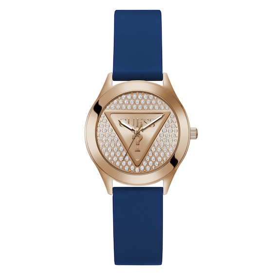 Guess Women's Rose Gold Tone Stone Set Blue Silicone Strap Watch