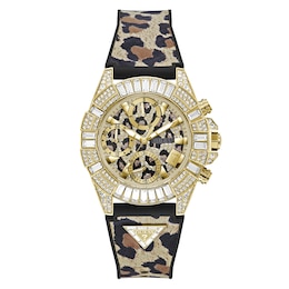 Guess 40th Edition Ladies' Gold Tone Stone Set Leopard Print Silicone Strap Watch