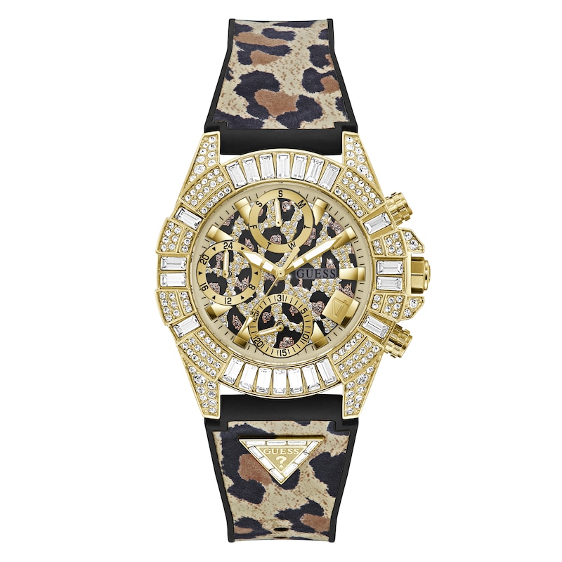 Main Image 1 of Guess 40th Edition Ladies' Gold Tone Stone Set Leopard Print Silicone Strap Watch