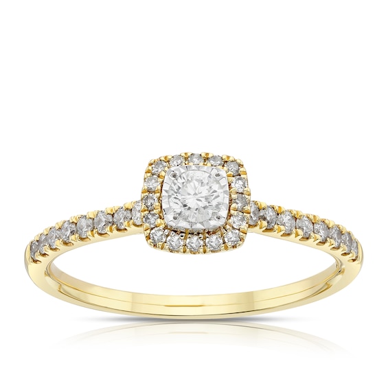 Engagement Ring 9ct Yellow Gold Illusion Cushion Halo 0.33ct