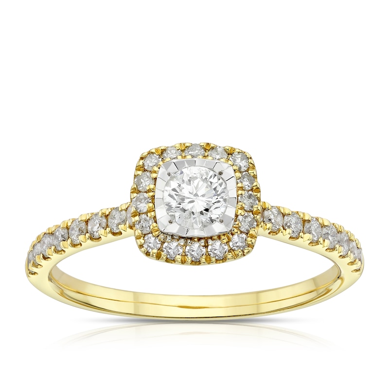 Main Image 1 of 9ct Yellow Gold 0.50ct Diamond Illusion Cushion Halo Ring