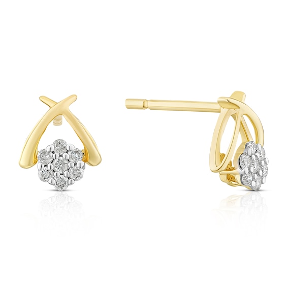 9ct Yellow Gold 0.10ct Diamond Cluster Kiss Stud Earrings