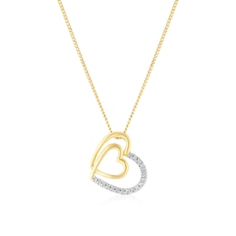 9ct Yellow Gold Diamond Double Heart Pendant Necklace