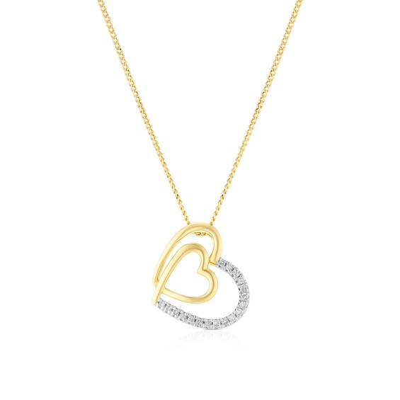 9ct Yellow Gold Diamond Double Heart Pendant Necklace