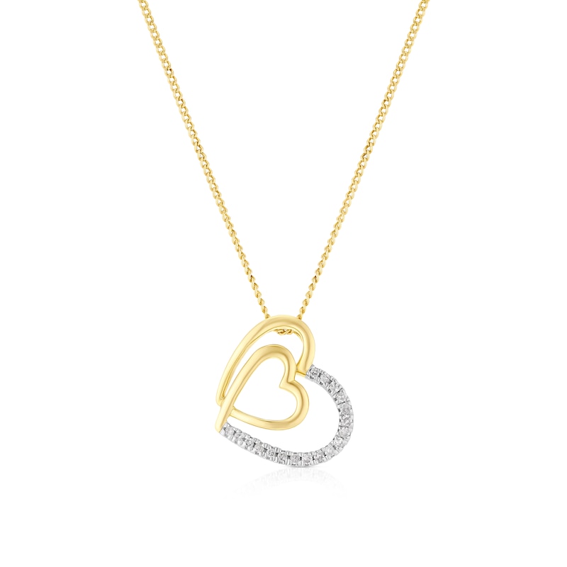 Main Image 1 of 9ct Yellow Gold Diamond Double Heart Pendant Necklace