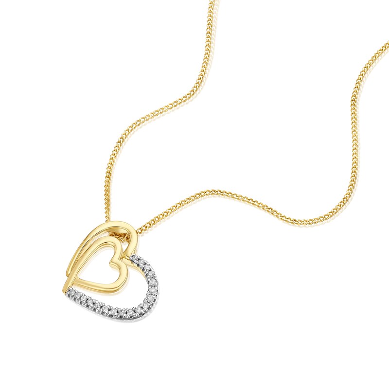 Main Image 2 of 9ct Yellow Gold Diamond Double Heart Pendant Necklace