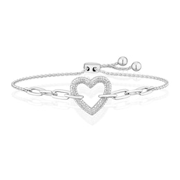 Sterling Silver Diamond Heart Paperlink Bolo Bracelet