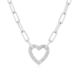 Sterling Silver Diamond Heart Pendant Paper Link Chain Necklace
