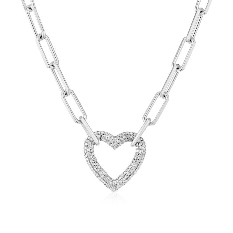 Main Image 1 of Sterling Silver Diamond Heart Pendant Paper Link Chain Necklace