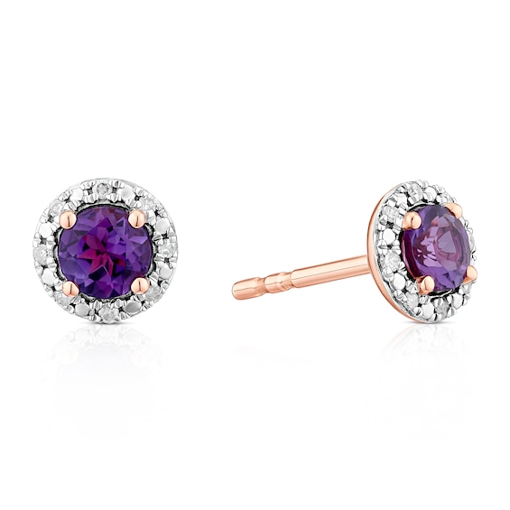 9ct Rose Gold Amethyst and Diamond Stud Earrings