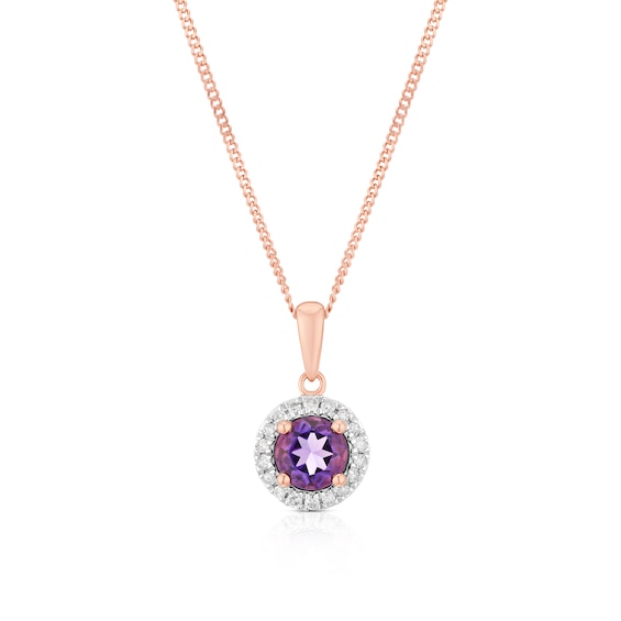 9ct Rose Gold Amethyst and Diamond Pendant Necklace