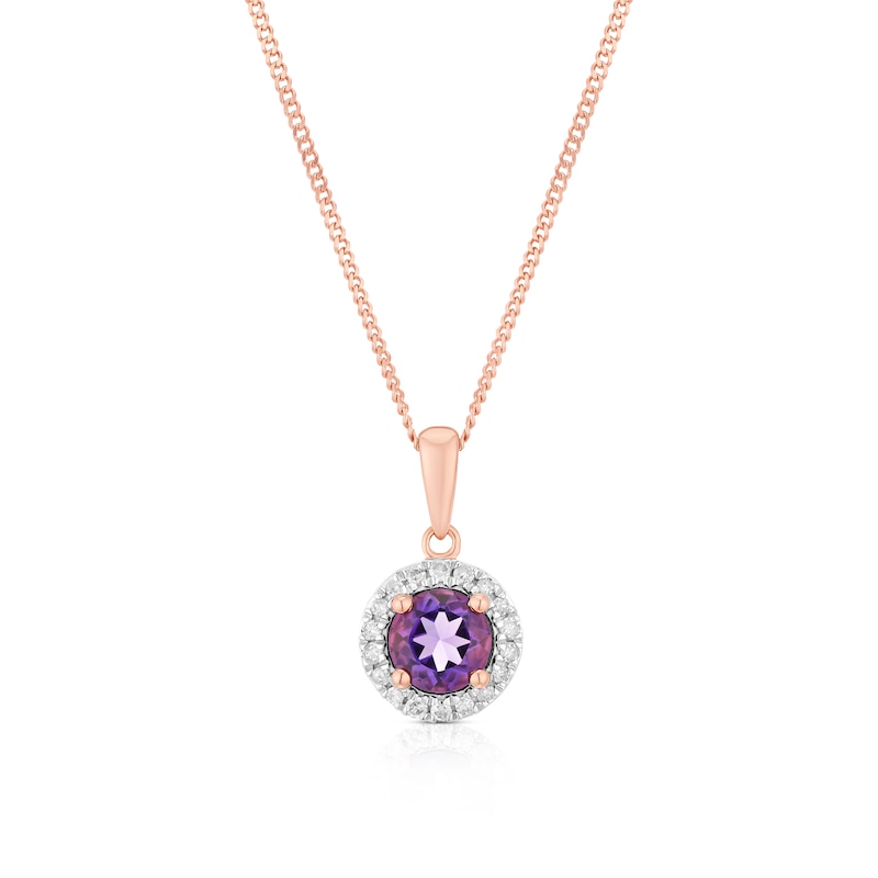 Main Image 1 of 9ct Rose Gold Amethyst & Diamond Pendant Necklace