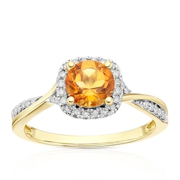 9ct Yellow Gold Citrine & Diamond Halo Ring