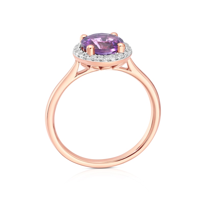 Main Image 3 of 9ct Rose Gold Amethyst & 0.10ct Diamond Halo Ring