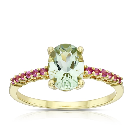 9ct Yellow Gold Green Quartz and Pink Sapphire Solitaire Ring
