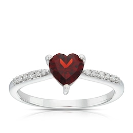 Sterling Silver Diamond & Garnet Heart Solitaire Ring