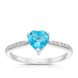 Sterling Silver Diamond & Blue Topaz Heart Solitaire Ring