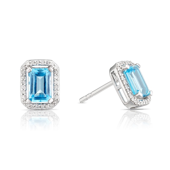 Sterling Silver 0.12ct Diamond and Blue Topaz Emeral Cut Stu