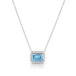 Sterling Silver 0.12ct Diamond & Blue Topaz Emeral Cut Pendant Necklace