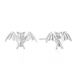 Sterling Silver Halloween Rhodium Plated Cubic Zirconia Bat Stud Earrings