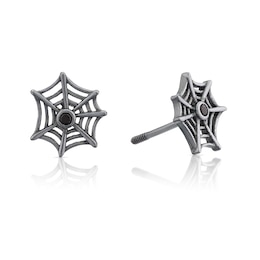 Sterling Silver Halloween Black Plated Cubic Zirconia Spider Web Stud Earrings
