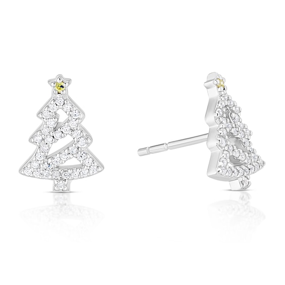 Sterling Silver Cubic Zirconia Christmas Tree Stud Earrings