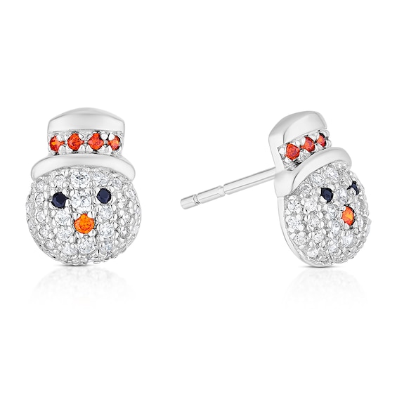 Sterling Silver Cubic Zirconia Snowman Stud Earrings
