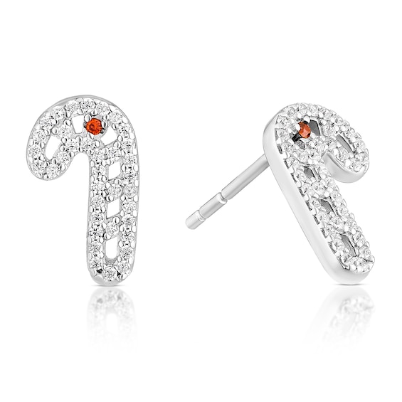 Sterling Silver Cubic Zirconia Candy Cane Stud Earrings
