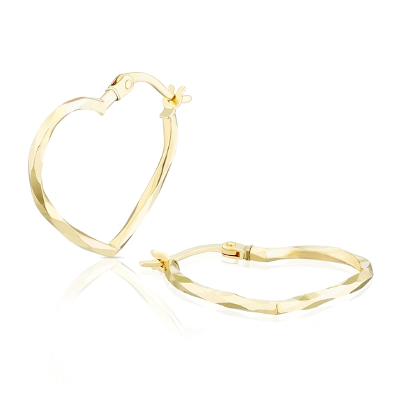 9ct Yellow Gold Diamond Cut 21mm Heart Hoop Earrings