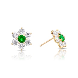 9ct Yellow Gold Green & White Cubic Zirconia Flower Stud Earrings