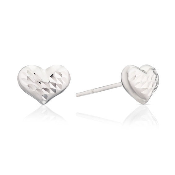 9ct White Gold Diamond Cut Heart Stud Earrings