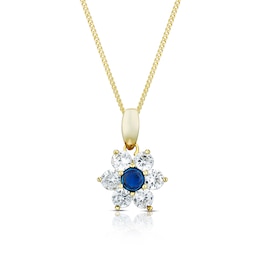 9ct Yellow Gold Blue & White Cubic Zirconia Flower Pendant Necklace