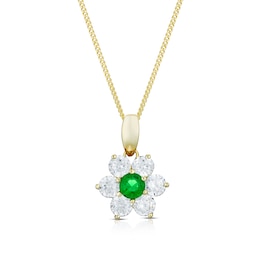 9ct Yellow Gold Green & White Cubic Zirconia Flower Pendant Necklace