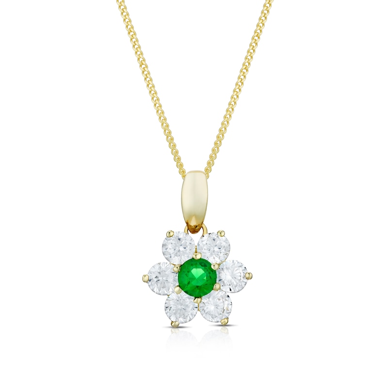 Main Image 1 of 9ct Yellow Gold Green & White Cubic Zirconia Flower Pendant Necklace