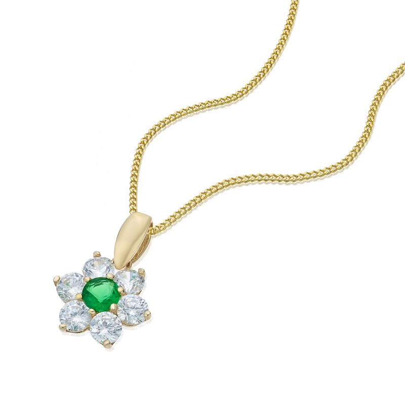 Main Image 2 of 9ct Yellow Gold Green & White Cubic Zirconia Flower Pendant Necklace