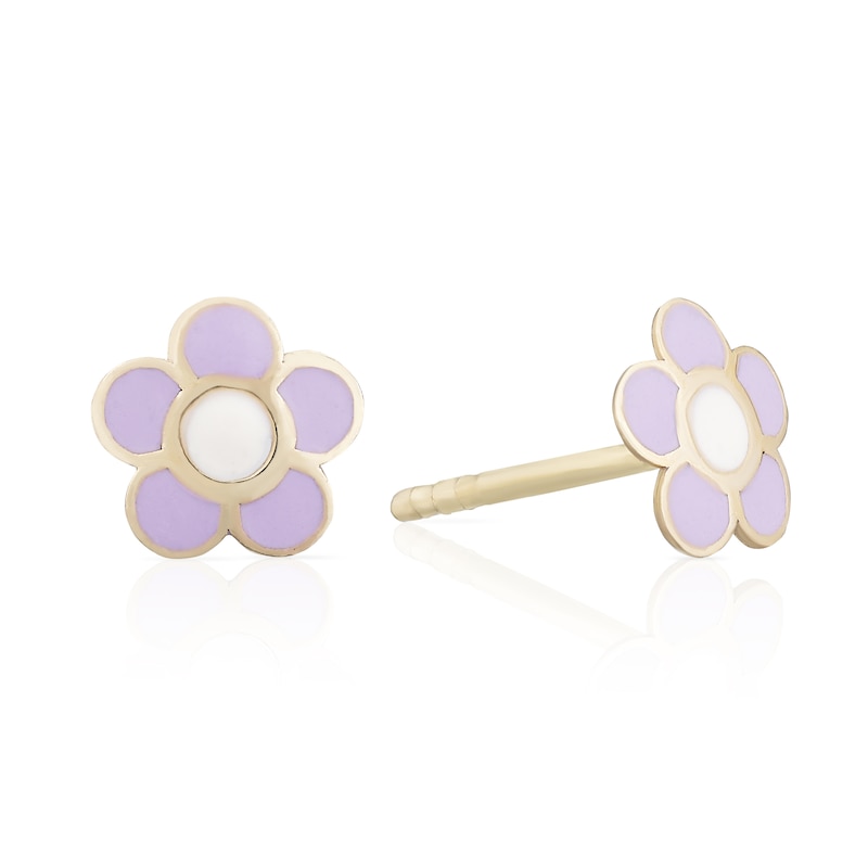 Main Image 1 of Children's 9ct Yellow Gold Purple Enamel 'Flower' Stud Earrings