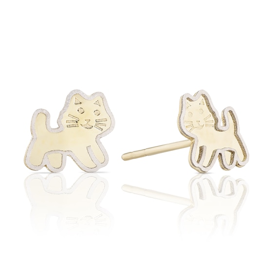 Childrens 9ct Two Colour Gold Standing Cat Stud Earrings