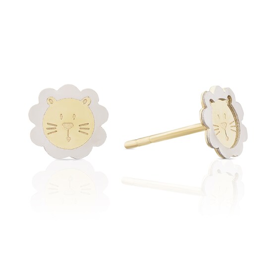 Childrens 9ct Two Colour Gold Lion Face Stud Earrings